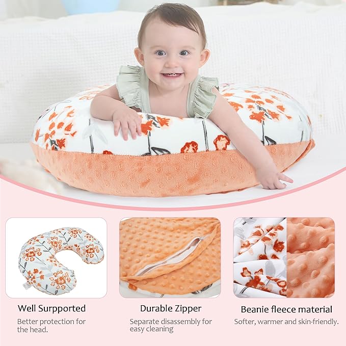 LAT Nursing Pillow for Breastfeeding with Removable Minky Cover,Ergonomic Breast Feeding Pillows for Mom and Baby,Machine Washable(Flowers+Orange)
