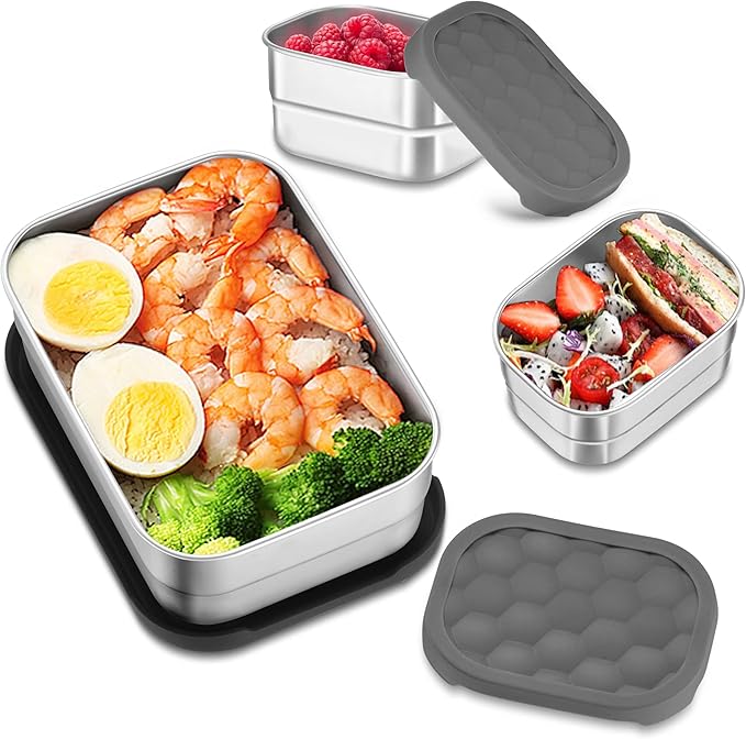 HaWare Stainless Steel Lunch Box for Kids, Leak Proof Food Storage Containers with Silicone Lids, Easy Open Bento Box for School and Daycare, Portable Metal Snack Box, Dishwasher Safe (8oz*2+25oz)