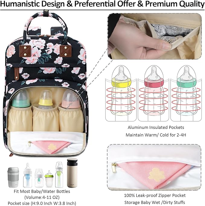 Diaper Bag Backpack Tote for Women Large Capacity with Insulated Pockets Multifunctional Diaper Bags For Baby Girl Boy Waterproof Baby Bags, Maternity Bag Black Pink Floral