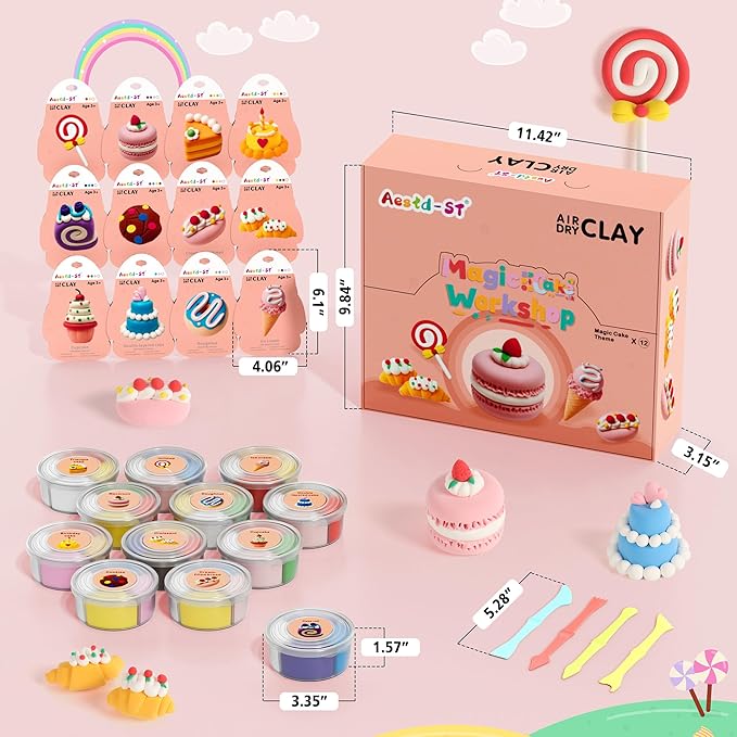Air Dry Clay Kit - Cake Themed, Modeling Clay for Kids, DIY Model Magic Clay with Sculpting Tools and Tutorials, 12 Boxes Molding Clay, Ultra Light, Soft & Non-Toxic, Arts and Crafts Gift for Kids