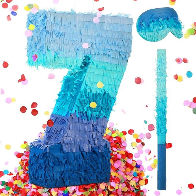 Sratte Number 1 2 3 4 5 6 7 8 9 Piñata with Stick Blindfold Confetti, Gradient Blue Piñata for Kids Boys Girls Birthday Party Anniversary Decorations Supplies(Number 7)