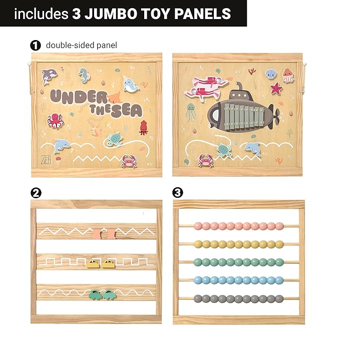 Wooden Playpen Extra Large for Toddlers and Babies - Under The Sea Theme Toy Desighn - (8/10) Wood Panels - Foldable and Adjustable Baby playpen - Extra Large Baby playpen (8-Panels)