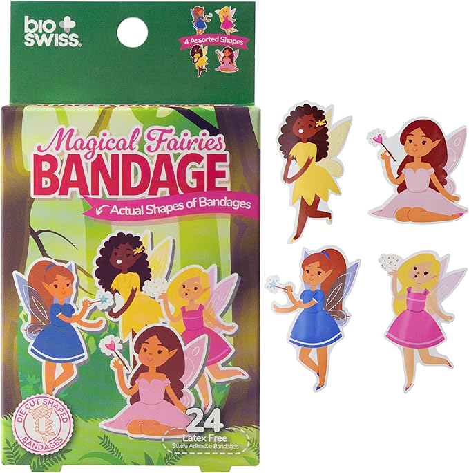 BioSwiss Bandages, Magical Fairies Shaped Self Adhesive Bandage, Latex Free Sterile Wound Care, Fun First Aid Kit Supplies for Kids and Adults, 24 Count