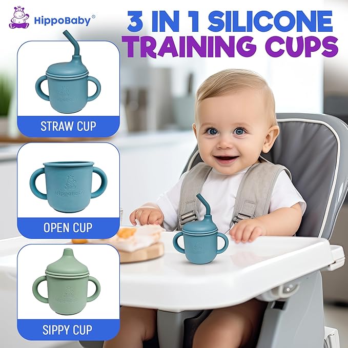 Silicone Transition Sippy Cup for 6+ month old | Includes 1 Toddler straw cup & 1 Baby Sippy Cup with Handles 5 oz | Perfect for Baby Led Weaning (Sky/Mint, 5 oz)