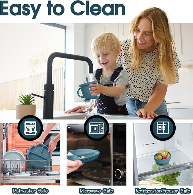 Baby Led Weaning Supplies, 17 Piece BPA-Free Silicone Feeding Set, Eating Essentials Baby Utensils with Suction Plate and Bowl, Pocket Bib, Sippy Cup with Lid, for 6+ Months, Blue