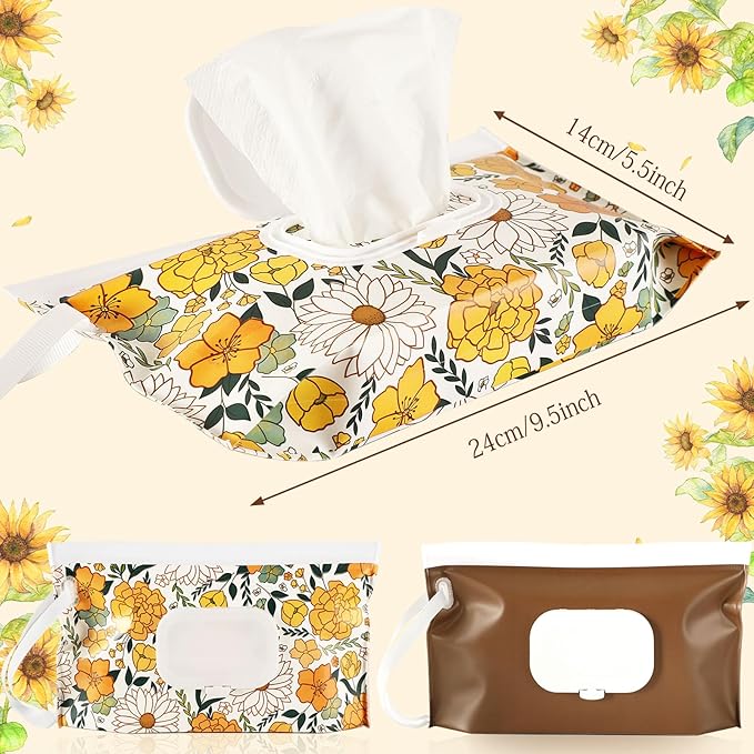 FEBSNOW 2 Pack Baby Wipes Dispenser, Portable Refillable Wipe Holder Baby Wipes Container Travel Wipes Case Reusable Wet Wipes Pouch (Floral, Brown)