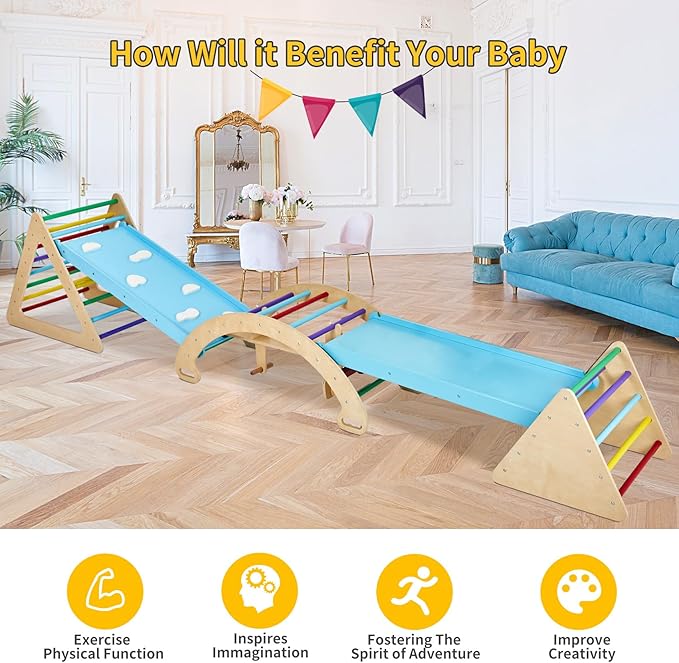 9-in-1 Climbing Triangle Set with Detachable Wooden Climbing Arch for Rocking Horse and Climbing, Indoor Triangle Jungle Playground Gym for Toddlers