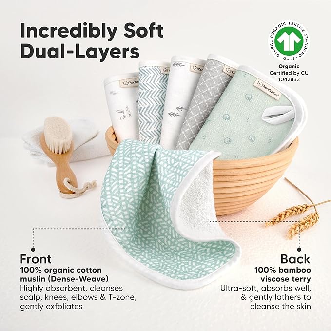 6-Pack Cotton Baby Washcloths for Newborn - Organic Cotton Muslin Soft Wash Cloths for Babies, Infant, Kids, Toddler Towels for Boy, Girl, Super Absorbent Face Cloths, Scratch-Free Baby Rags (Nordic)