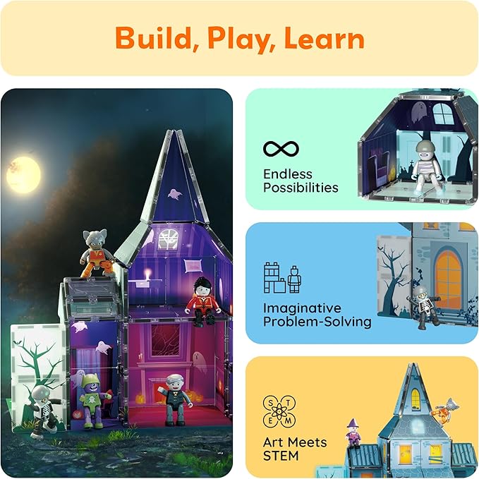 PicassoTiles Haunted House Theme Magnet Tile Building Blocks 8 Action Figures Magnetic Construction Toy Double Sided Printing Education STEM Learning Playset Halloween Adventure Kid Ages 3+ PTQ03