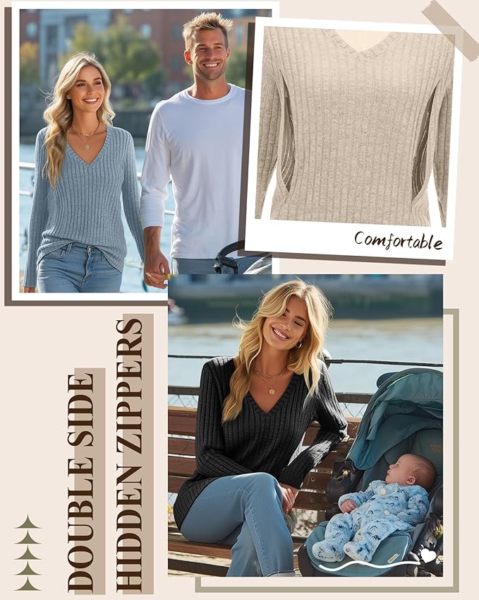 3 Pack Women's Maternity Nursing Tops, V Neck Breastfeeding Sweaters Long Sleeve Hidden Zipper Shirts