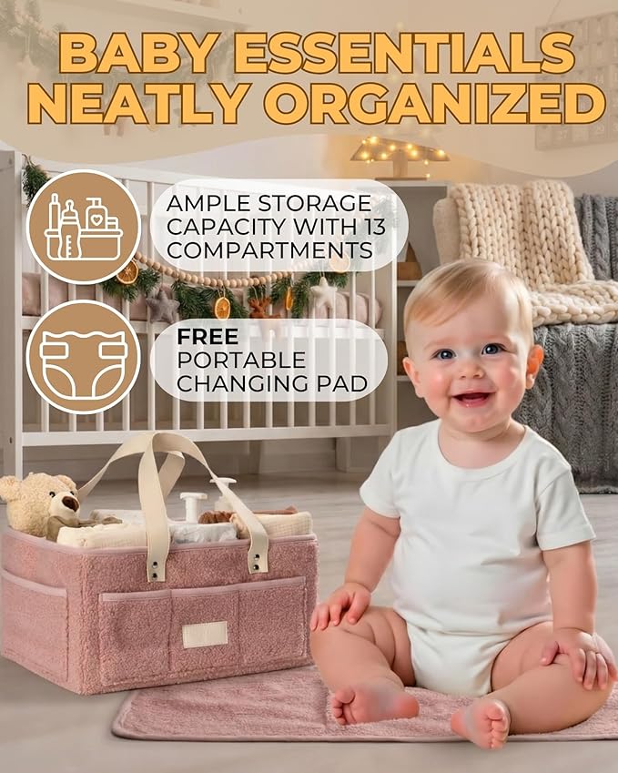 Baby Diaper Caddy Organizer with Portable Changing Mat - Teddy Fleece Diaper Organizer for Changing Table - Basket for Changing Essentials - Baby Essentials Organizer with Removable Dividers