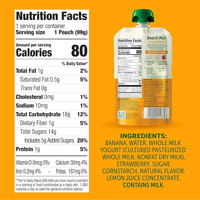 Beech-Nut Toddler Food Breakfast Pouches,Yogurt Banana & Strawberry Puree, 3.5 oz (12 Pack)