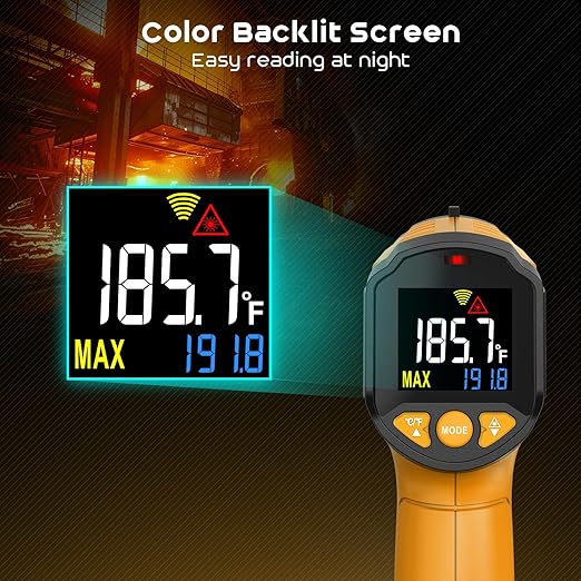 Infrared Thermometer Gun,SQECH Laser Thermometer Gun -58℉～1112℉(-50℃～600℃),Non-Contact Temperature Gun with Adjustable Emissivity&Color Backlight for Cooking, Pizza Oven,BBQ,Fridge,Engine,HVAC(Yellow)