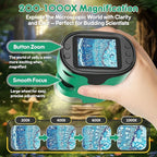 1000X Handheld Microscope for Kids 4K 2.0" Screen Rechargeable Mini Pocket Digital Microscopes w/Slides Kit Portable Edu Gift Age 4-6 8-12 Children Students (Green)