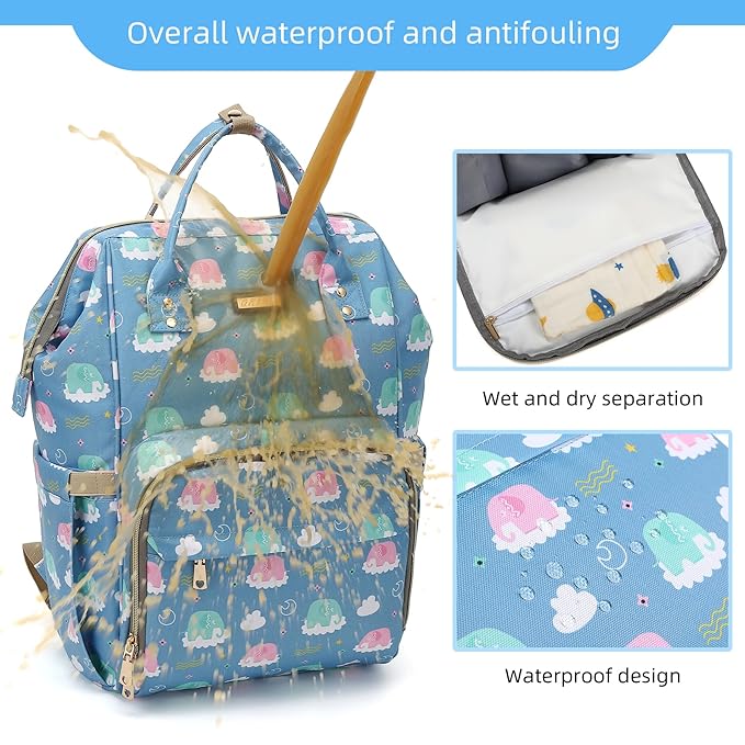 Diaper Bag Backpack, Diaper Bags for Baby Girls Boys, Baby Bags for Moms Dads, Nappy Changing Bag with Insulated Pockets,Multi-functional Waterproof Backpack with Stroller straps-Deep blue elephant