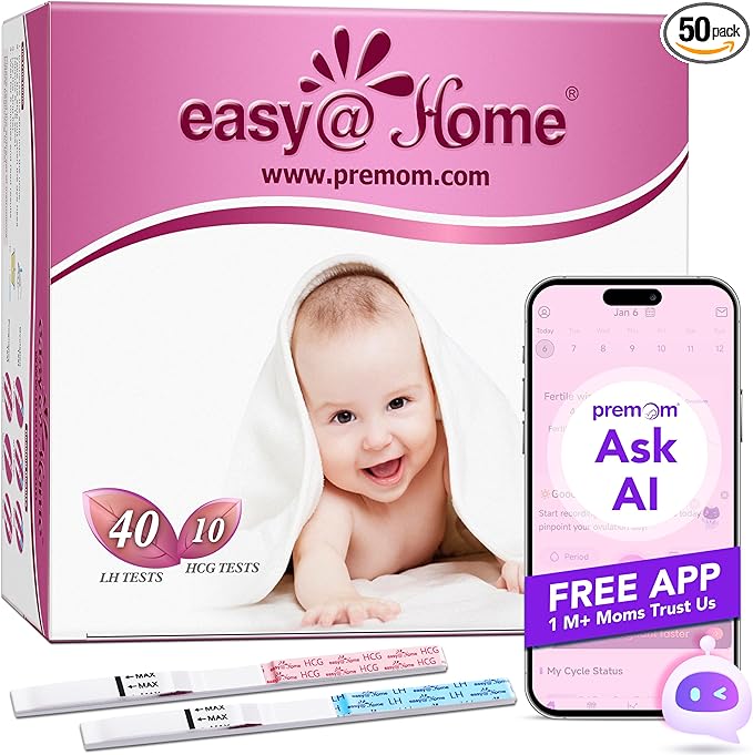 Easy@Home Ovulation Test Strips Powered by Premom Ovulation Predictor APP, FSA Eligible, 40 Ovulation Test and 10 Pregnancy Test Strips, 40LH +10HCG | Package May Vary