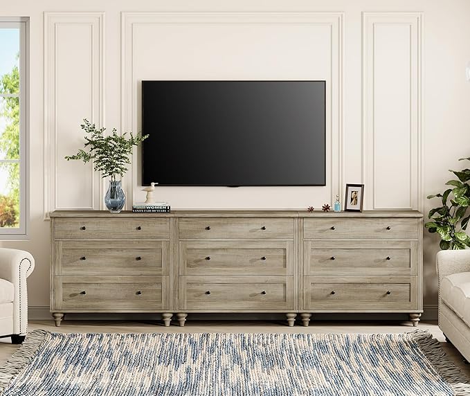 WAMPAT Dresser for Bedroom with 9 Drawers, Kids Dressers with Wide Chest of Drawers, Modern Wooden Closet Storage Organizer, Large Wood Dressers for Living Room, Nursery, Hallway, Rustic Oak