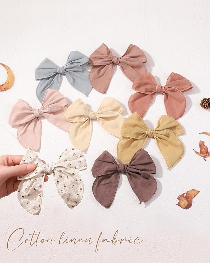Doboi 8PCS Baby Girls Hair Clips Fable Hair Bows Cotton Linen Bows for Girls Hair Accessories for Baby Toddlers Kids （Includes Stamp Duty Hair Clip）