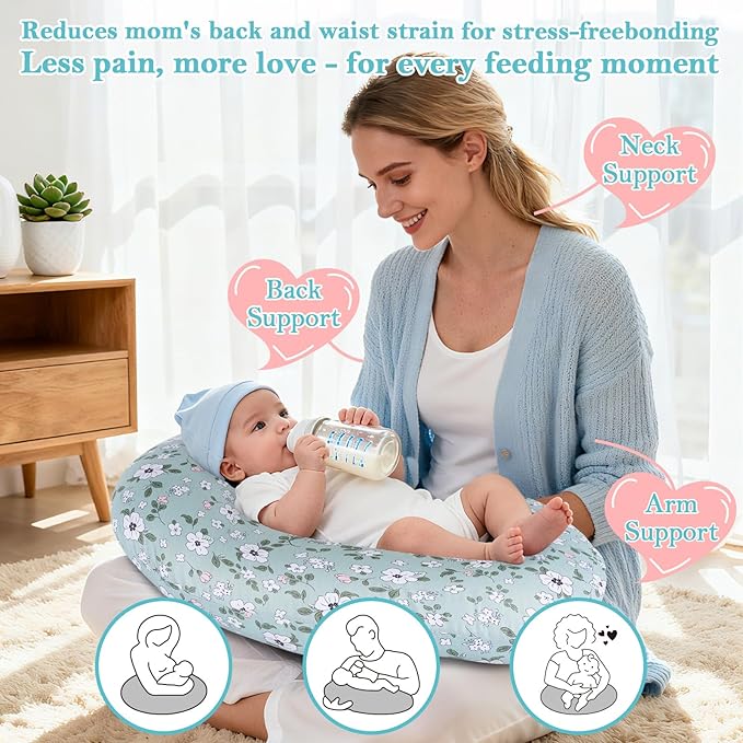 Nursing Pillow for Breastfeeding & Bottle Feeding - Ergonomic C-Shape Design with Breathable Filling & Removable Washable Cover, Supports 0-18 Months (Feeding, Tummy Time, Sitting)