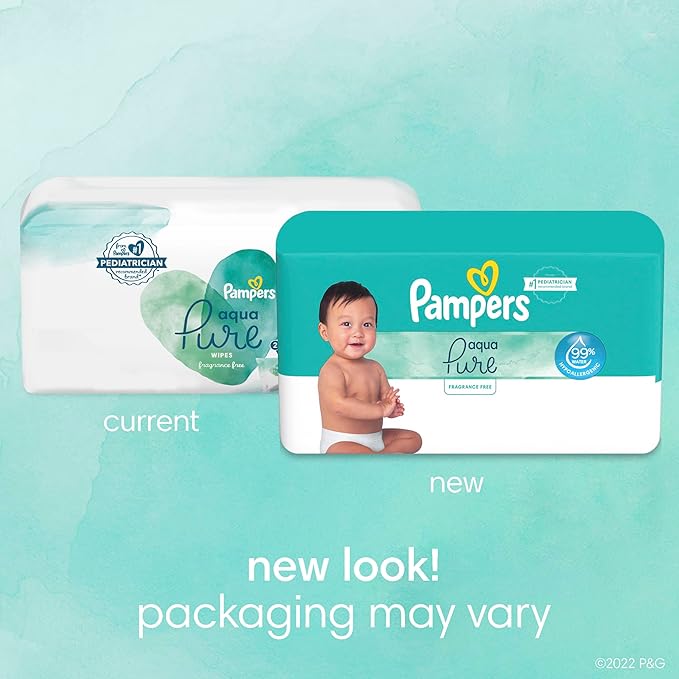 Pampers Baby Wipes Aqua Pure, 99% Water Based Wipes, Hypoallergenic and Unscented Infant Wipe, 336 Total (6 Flip-Top Packs)