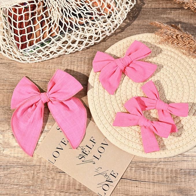 DEEKA 4 PCS Hot Pink Cotton Linen Hair Bows 3 Styles 5" & 4" Handmade Hair Bow set for Toddler Girls Alligator Hair Clips Knot Bows Hair Accessories for Little School Girls (Hot Pink)