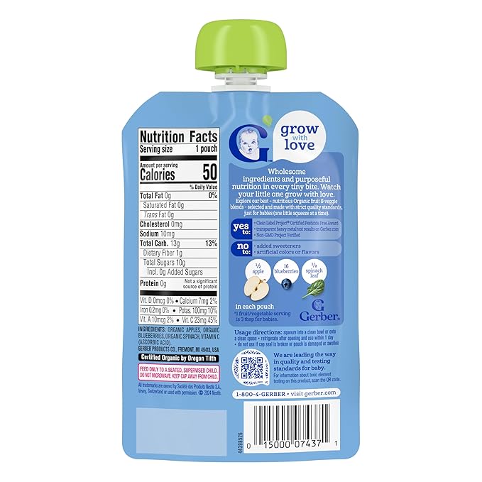 Gerber Stage 2 Baby Food, Organic Apple Blueberry Spinach Puree Pouch, 2 Servings of Fruit & Veggie, No Added Sweetener, No Artificial Colors or Flavors, 12-Pack