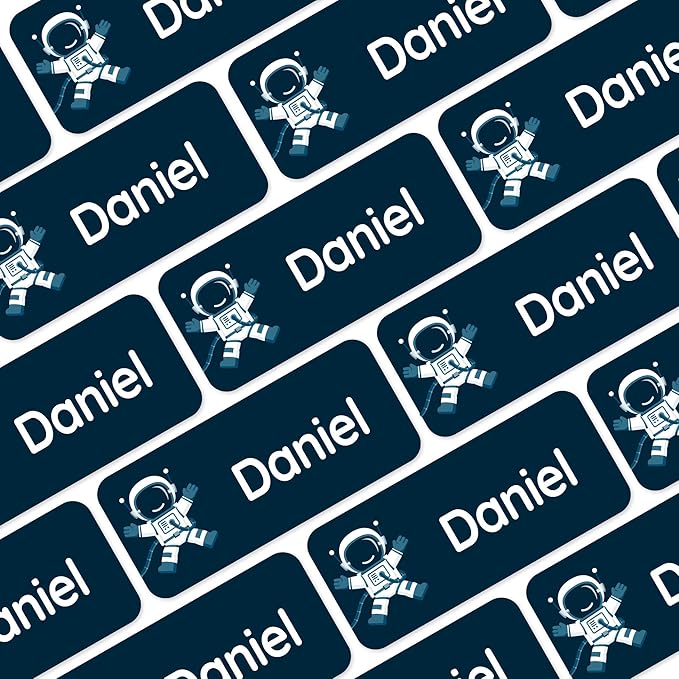 Personalized Name Labels for Kids (120) – Custom Waterproof & Durable Stickers for Clothing, Daycare, Office & School Supplies - Space