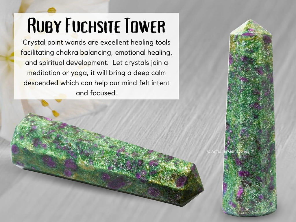 Amazing Gemstone Ruby Fuchsite Crystal Towers - Natural Healing Crystal Point Obelisk for Reiki Healing and Crystal Grid (3 Inch)