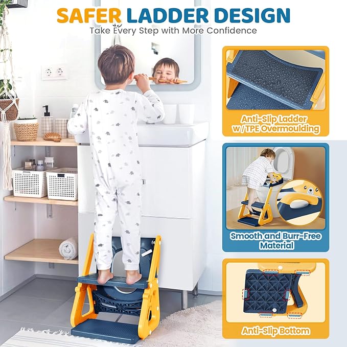 Orzbow 2-IN-1 Potty Training Seat with Step Stool, Height Adjustable Toilet Seat for Toddler, Potty Training with Splash Guard for Kids Boys Girls, Stability Ladder and Anti-Slip Pad, Yellow