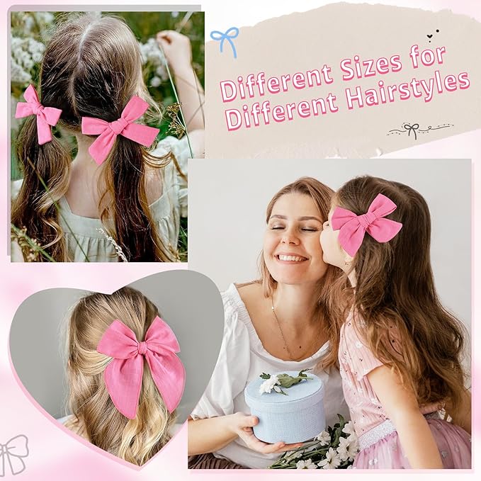 DEEKA 4 PCS Hot Pink Cotton Linen Hair Bows 3 Styles 5" & 4" Handmade Hair Bow set for Toddler Girls Alligator Hair Clips Knot Bows Hair Accessories for Little School Girls (Hot Pink)