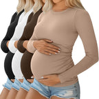 Ficerd 4 Pack Women's Maternity Shirts Cotton Long Sleeve Ribbed Crew Neck Pregnancy Tops Side Ruched Casual Mama Clothes