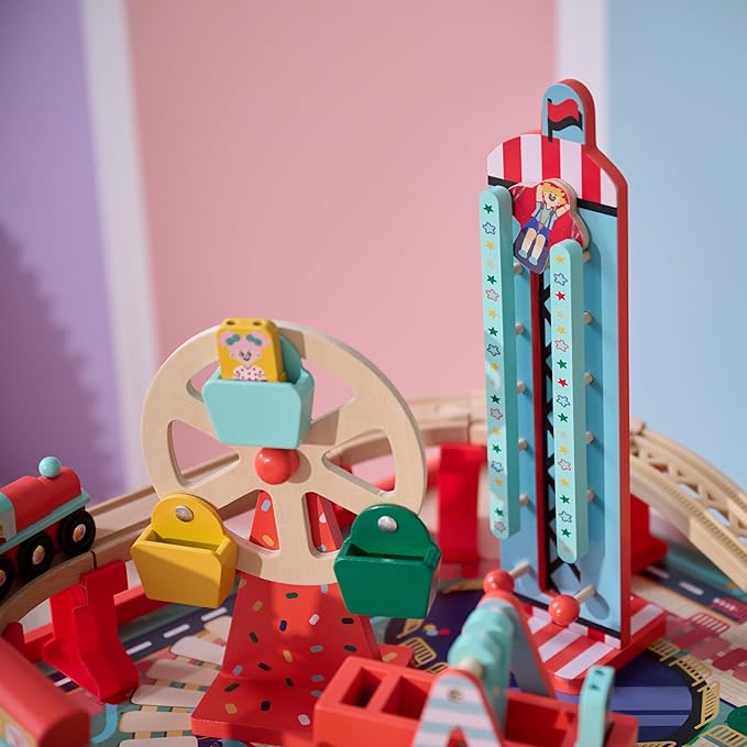 Teamson Kids Wooden Train Table – Carnival-Themed Amusement Park Playset with Ferris Wheel, Carousel & Train Track – Interactive Toy for Toddlers with Storage – Ages 3+