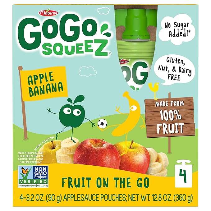 GoGo squeeZ Applesauce and Fruit Puree, Apple Banana, 3.2 oz (Pack of 48), Unsweetened Fruit Snacks for Kids, Gluten Free, Nut Free and Dairy Free, BPA Free Pouches (Packaging May Vary)