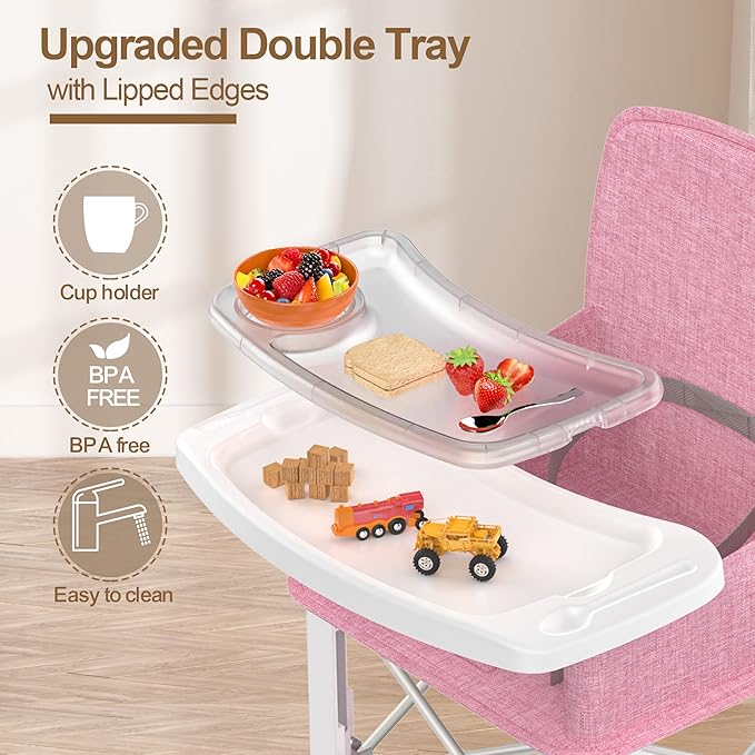 Baby Travel Booster Seat with Double Tray, BabyBond Upgraded Toddler Portable Baby Chair, Booster Seat for Dining Table, Stable and Foldable Booster Baby Chair for Indoor/Outdoor (Pink)