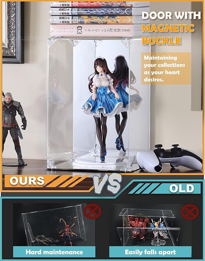 Acrylic Display Case, Mirrored Back and Base, UV Protected, Front Door with Magnetic Buckle, Display Box, Dustproof Showcase for Figures, Collections, Models, Toys (8x8x12 inch, 20x20x30 cm)
