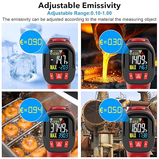 Infrared Thermometer Temperature Gun, TEMIRUP Digital Laser Temperature Gun with Probe for Cooking, Pizza Ovens, Griddles, Meat, HVAC, Non-Contact IR Temp Gun with Adjustable Emissivity, -40°F~1472℉