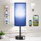 Blue Table Bedside Lamp for Bedroom Nightstand - Small Lamp with USB A + C Charging Port, 3 Color Temperatures Pull Chain Night Stand Light with Bulb, Side Table Desk Reading Lamp for Living Room