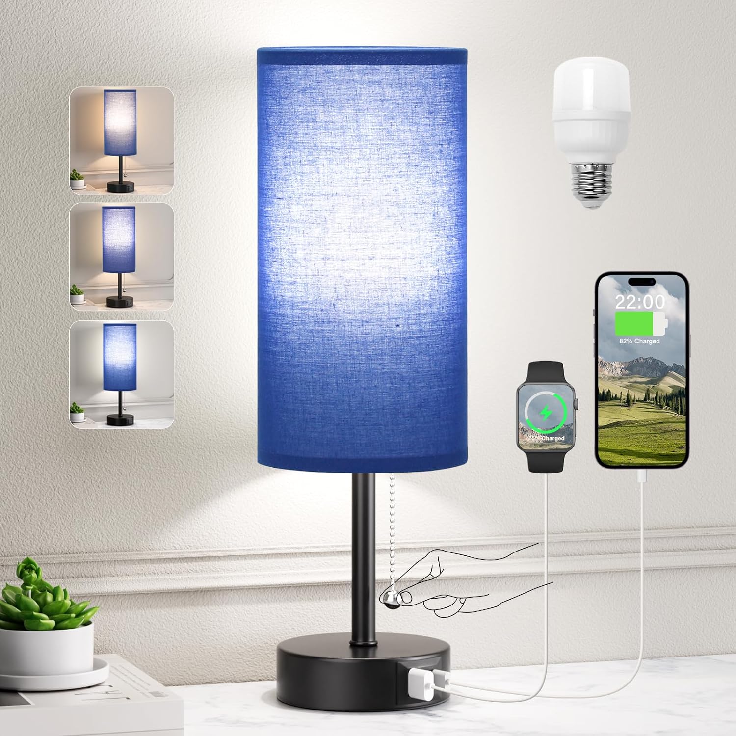 Blue Table Bedside Lamp for Bedroom Nightstand - Small Lamp with USB A + C Charging Port, 3 Color Temperatures Pull Chain Night Stand Light with Bulb, Side Table Desk Reading Lamp for Living Room