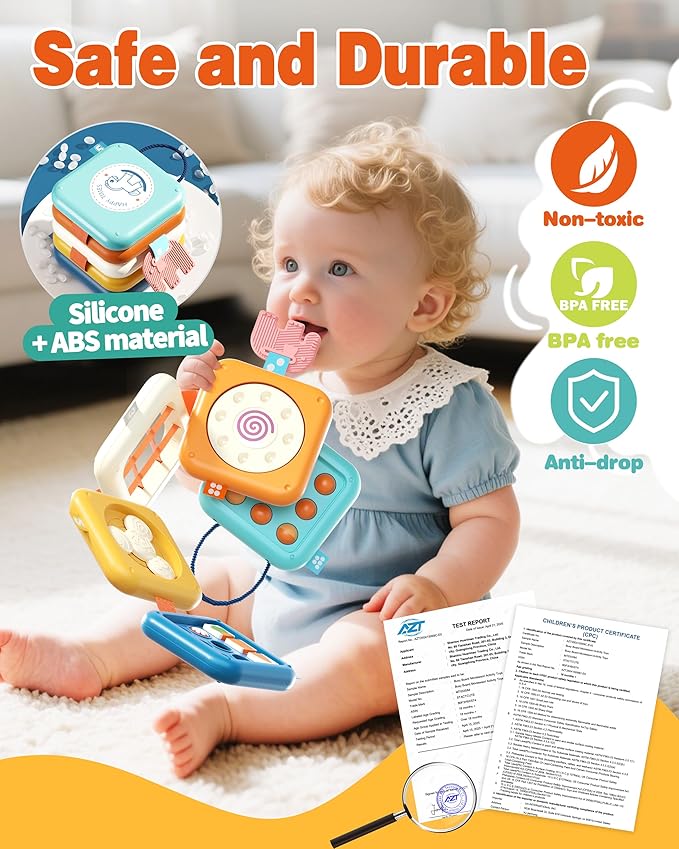 Busy Board for 1 Year Old, Travel Toys for Toddlers 1-3, 8 in 1 Montessori Activity Cube Toy for Babies in Airplane Car Stroller, Sensory Education Birthday Gifts for 1 2 Year Old Boy Girl Infant