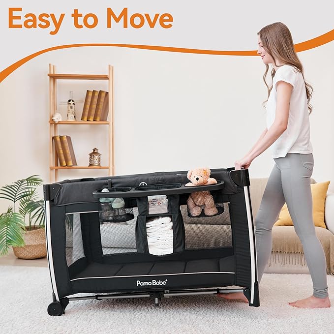 Pamo Babe 4 in 1 Baby Playards with Bassinet & Changing Table, Portable Crib Breathable Mesh and Toy Mobile