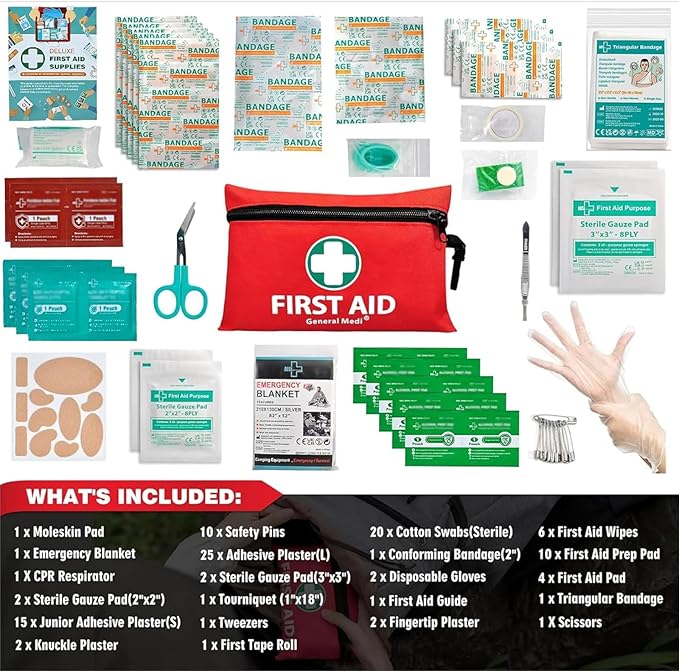 General Medi Mini First Aid Kit, 110 Piece Small First Aid Kit - Includes Emergency Foil Blanket, Scissors for Travel, Home, Office, Vehicle, Camping, Workplace & Outdoor (Red)
