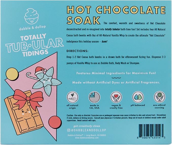 Dabble & Dollop Totally Tub-ular Tidings Hot Chocolate Soak - Holiday Bath Gift Set with 4 All-Natural Cocoa Bath Bombs and Vanilla Whip 3-in-1 Bubble Bath, Body Wash & Shampoo
