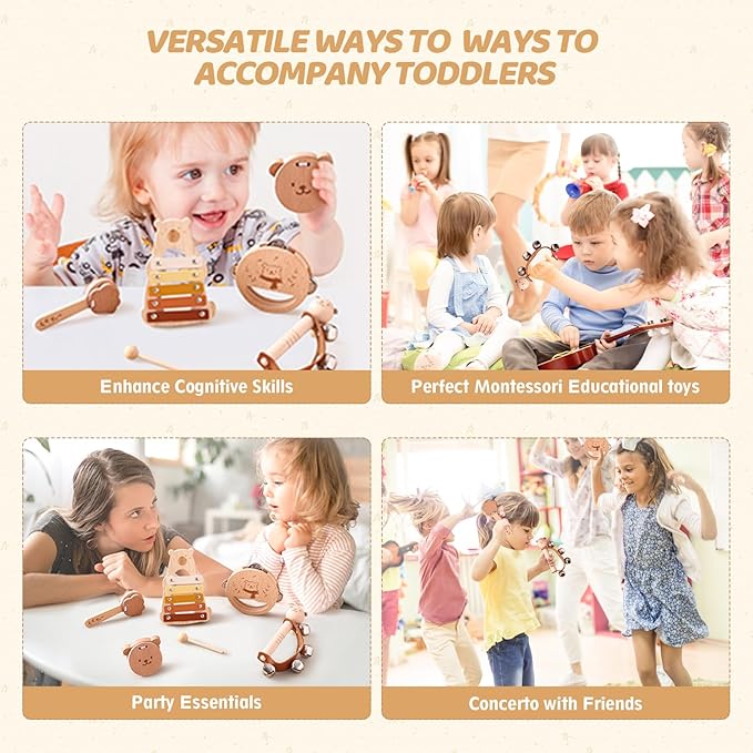 EERKEOD Toddlers Montessori Wooden Toys Percussion Musical Instruments with Xylophone Set for Girls Boys Kids Preschool Educational Toys