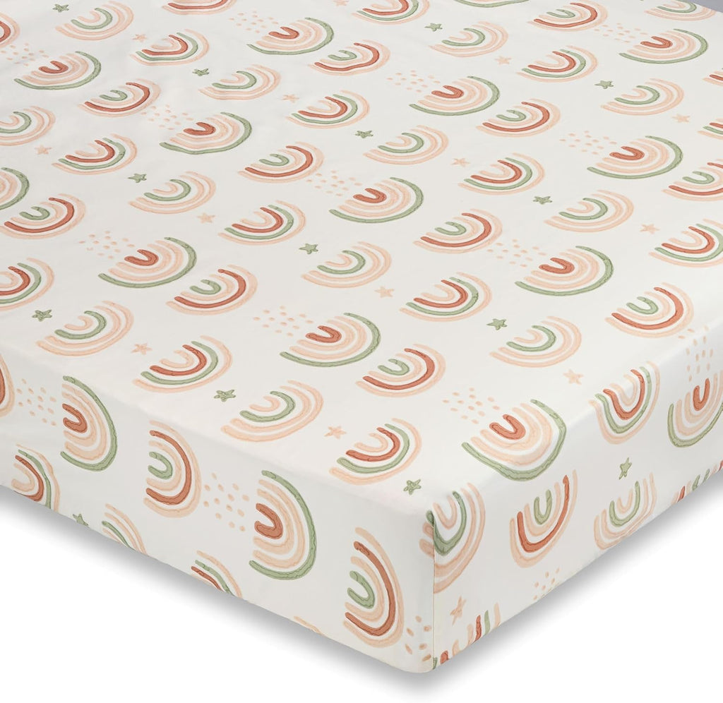 Crane Baby 100% Cotton Breathable Fitted Baby and Toddler Sheet for Standard Mattress (28 X 52), Machine Washable Crib Boho Rainbow Boho Rainbow
