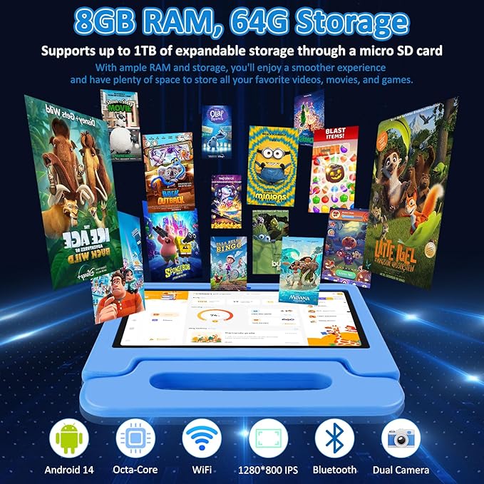 Tablet for Kids, 10.1 inch IPS HD Touchscreen Android 14 64 GB Storage, 8GB RAM, Octa Core Kids Tablet, Parental Controls, 12-hr Battery, WiFi, GPS - Blue