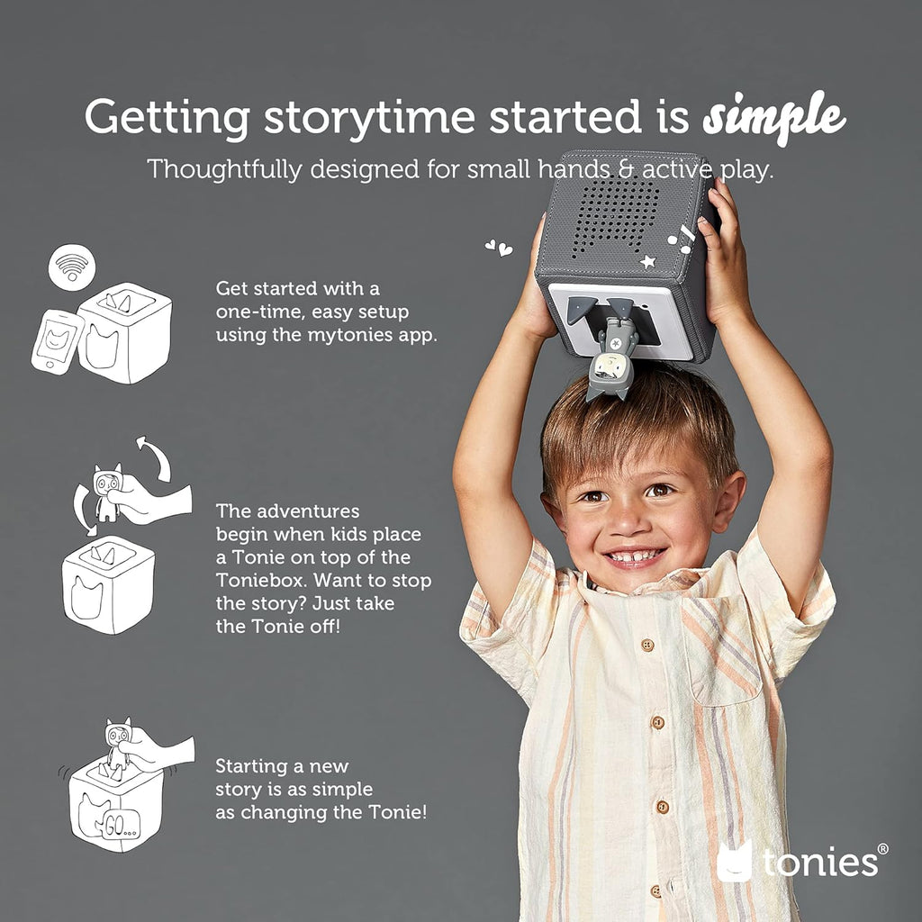 Toniebox Audio Player Starter Set with Spidey, Ghost-Spider, Spin, Black Panther, and Playtime Puppy - Listen, Learn, and Play with One Huggable Little Box - Gray
