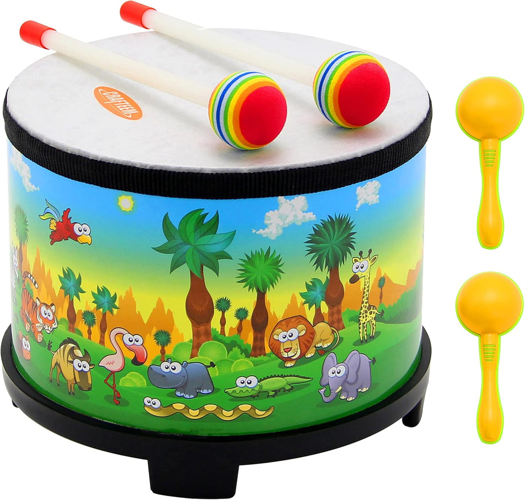 Floor Tom Drum for Kids 8-inch Percussion Instrument Music Drum with 2 Mallets and Color Maracas for Baby Children Special Christmas Birthday Toy Gift