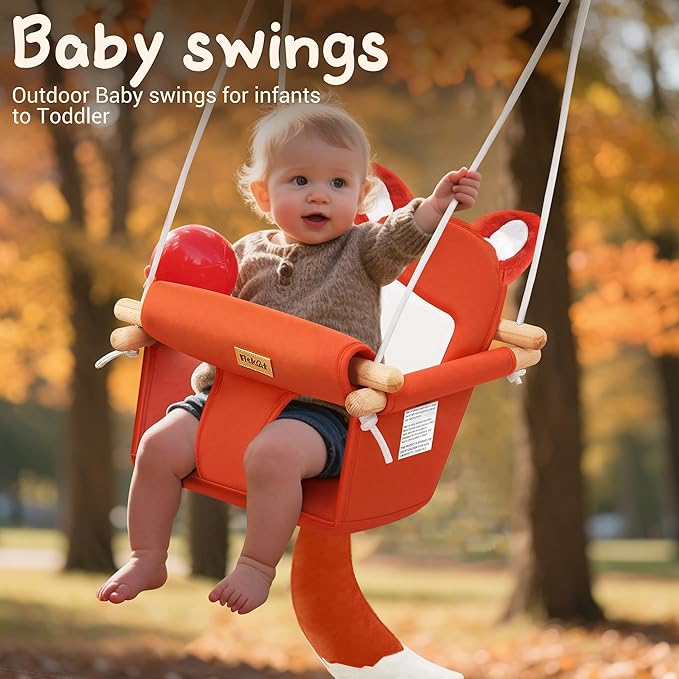 Wooden Baby Swing with Soft Safety Belt, Cozy Infant Swing Seat for Indoor & Outdoor Use, Adjustable Height, Includes Mounting Hardware – Suitable for Babies & Toddlers（Fox-Themed in Red）
