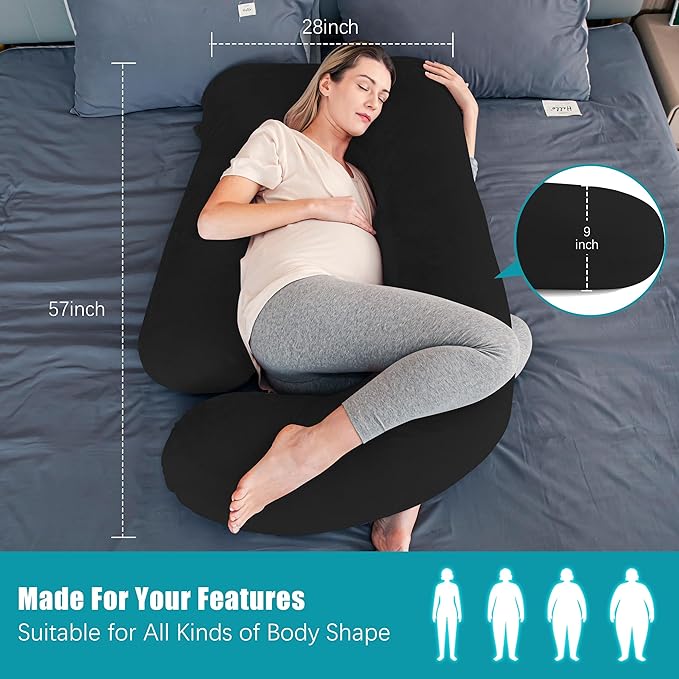 Cute Castle Pregnancy Pillows, Soft U-Shape Maternity Pillow with Removable Cover - Full Body Pillows for Adults Sleeping - Pregnancy Must Haves - Jumbo 57 Inch - Black