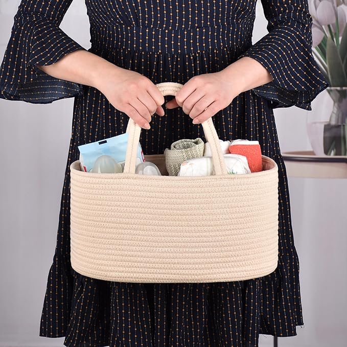 COMSE Large Baby Diaper Caddy Organizer for Girl Boy, Car Caddy with Handles, Cotton Rope Basket for Changing Table, Nursery Organizer, Gift for Baby Shower and Registry Must Have, Beige